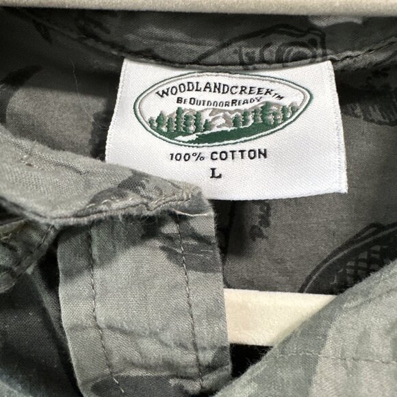 Woodland Creek Men's Fish Print Short Sleeve Button Shirt Green L Large Cotton - Picture 3 of 7